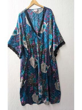 Serenada Floral Satin Tie Front Robe House Coat MuMu Boho Plus Size 5X 34/36W